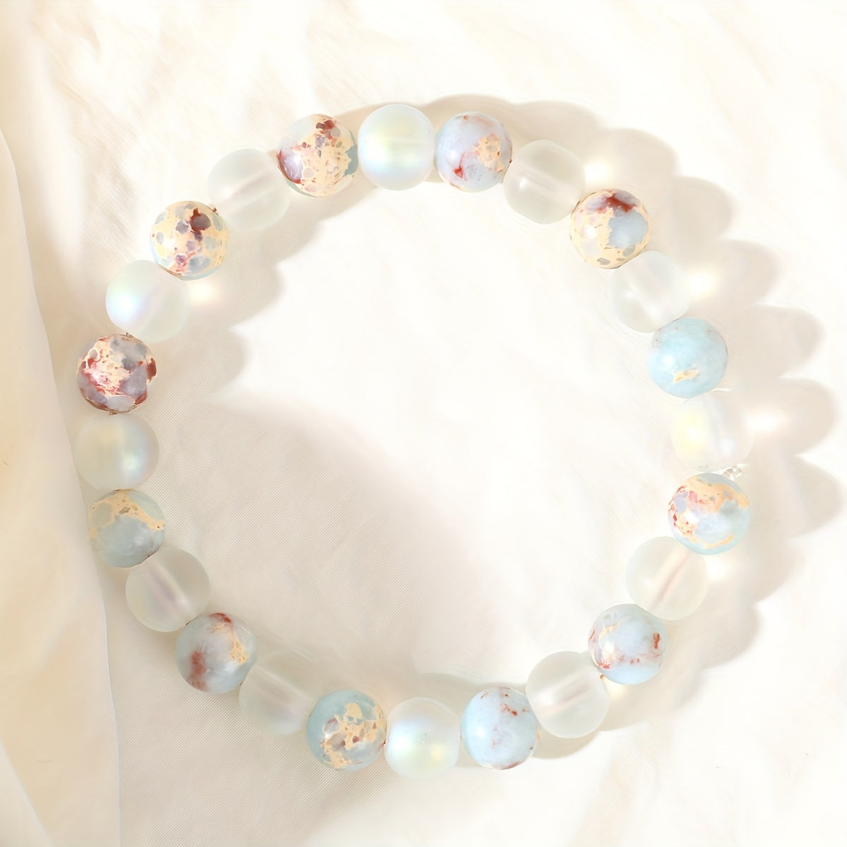 Genuine Aura Quartz And Natural Sea Sediment Bead Stackable Bracelet, Unisex, Couple, Men And Women Accessory - Perfect Valentine'S Day Jewelry Gift For Loved Ones, Friends And Family