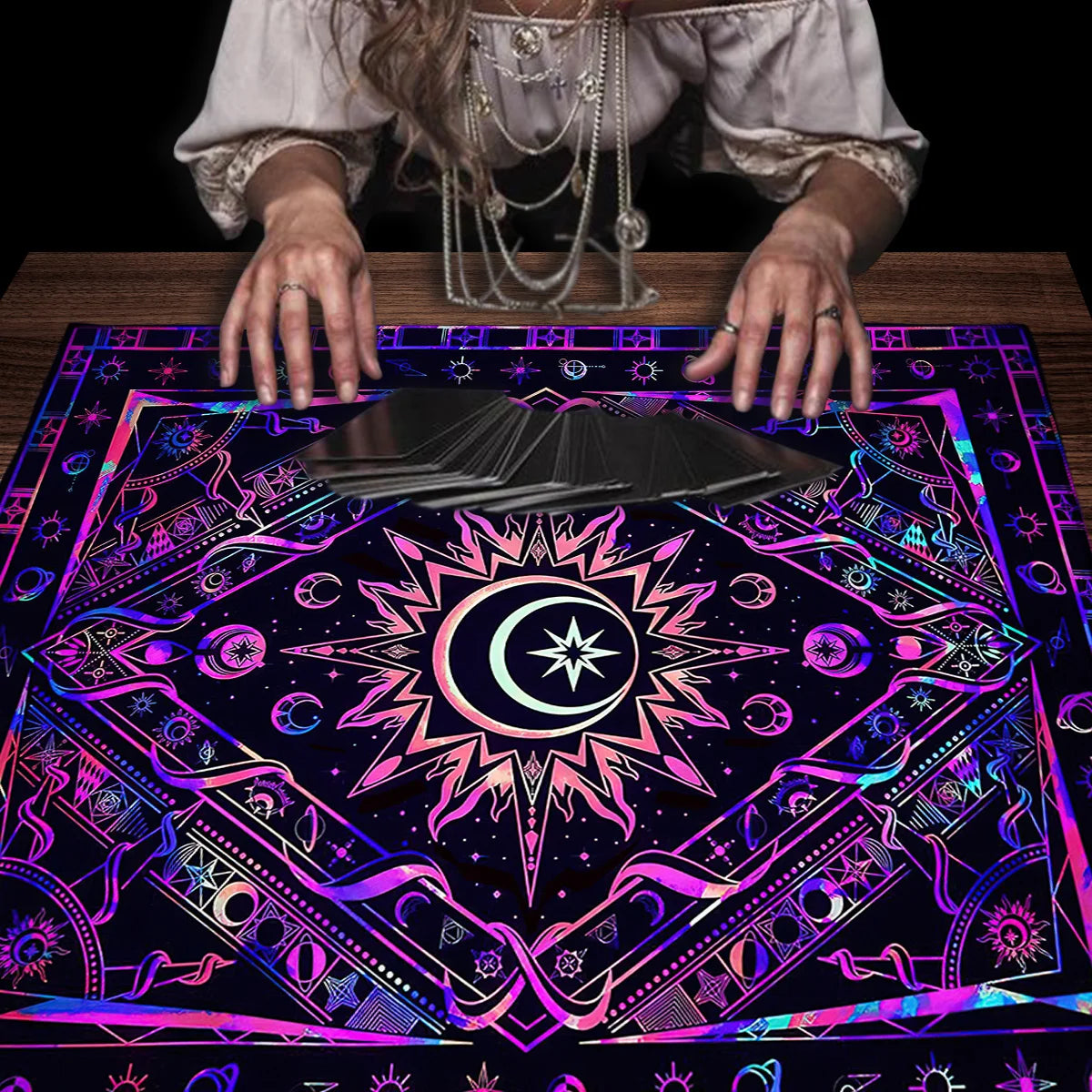 Sun & Moon Mandala Tarot Tablecloth Vibrant Starry Sky Altar Decor For Divination Ritual Cloth Floral Tarot Card Mat Tapestry