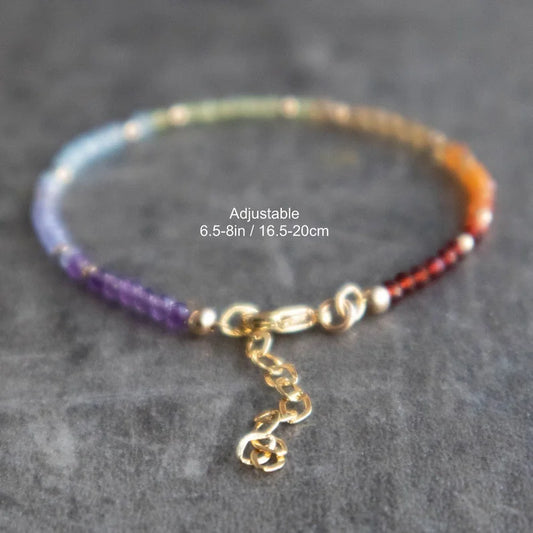 7 Chakra Bracelet in Sterling Silver&Rose Gold, Homemade Authentic Small Chakra Crystals Bracelet, Yoga Gift for Her, Real Stone