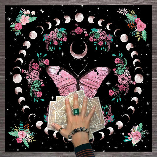 Pink Butterfly Moon Phase Floral Tarot Card Tablecloth Altar Cloth Witchcraft Astrology Oracle Divination Cloth Home Decor