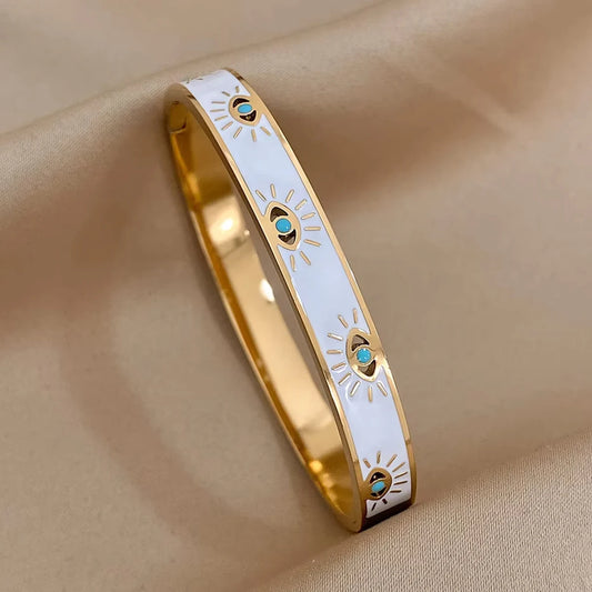 Trendy 316L Stainless Steel Evil Eye Bracelet for Women Charm White Enamel Wrist Waterproof Bangle Multi Epoxy Turquoise Bangle