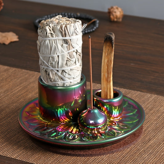 1pc Candle Holder, Electroplated Color Incense Burner Holder Ceramic Burner, Palo Santo Holder, Sage Holder For Burning, Incense Holder For Sticks, Multifunctional Aromatherapy Burner Incense Burner