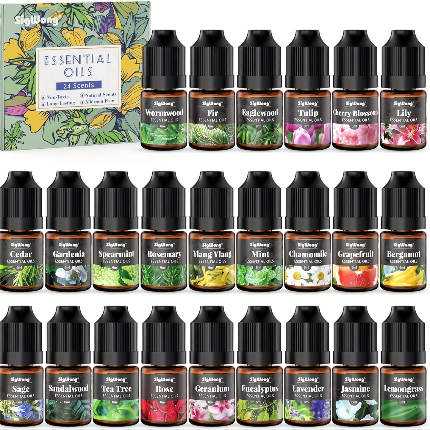 Essential Oils Set, 24 Scents Fragrance Oil for Candle Soap Making, Long Lasting Natural Essential Oil for Diffuser, Humidifier, Scented Oils for Body Massage, DIY Candle Making, 6ml/0.25fl.oz Each