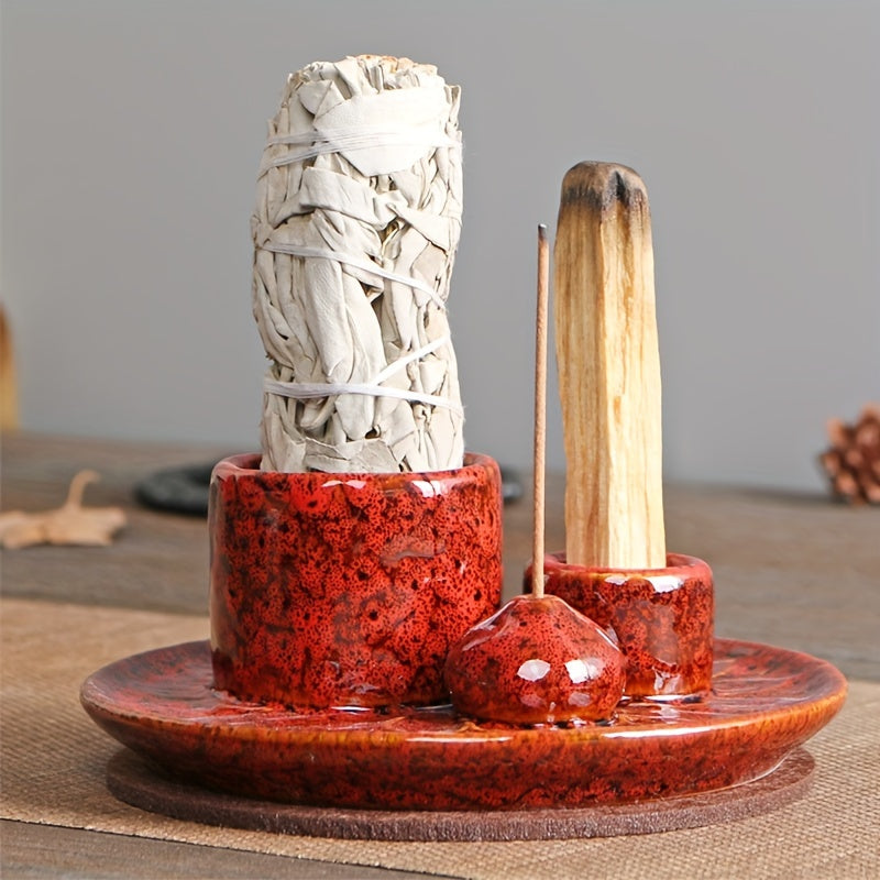 [Morandi-Inspired Ceramic Holder] 4-in-1 Ceramic Candle Holder & Incense Burner - Morandi-Inspired, High-Quality, Multifunctional Boho Home Decor - Palo Santo & Sage Holders, Includes Applicator Sticks for Aromatherapy and Sm