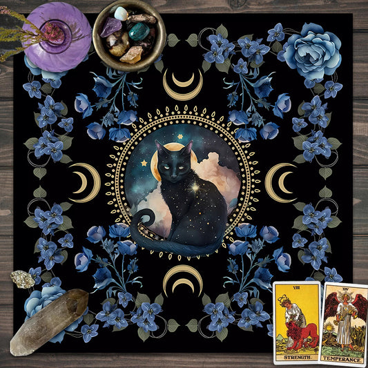 1pc, Mystical Cat Altar Cloth Alter Cloth Tarot Spread Cloth Tarot Reading Cloth Botanical Tarot Mat Witch Altar Cottage Core Decor Witchy Gifts Game Card Pad Mystery Runes Table Cloth Board Mat, Party Decor, Party Supplies