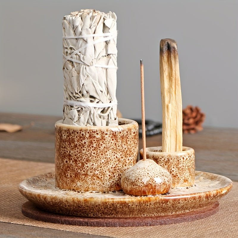 [Morandi-Inspired Ceramic Holder] 4-in-1 Ceramic Candle Holder & Incense Burner - Morandi-Inspired, High-Quality, Multifunctional Boho Home Decor - Palo Santo & Sage Holders, Includes Applicator Sticks for Aromatherapy and Sm