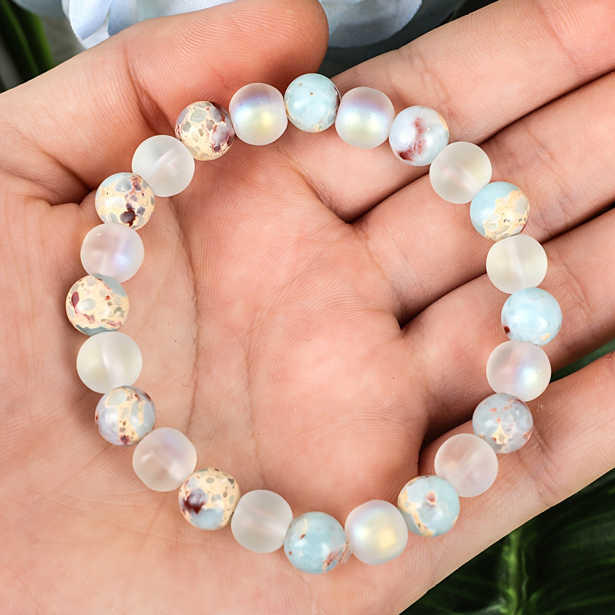 Genuine Aura Quartz And Natural Sea Sediment Bead Stackable Bracelet, Unisex, Couple, Men And Women Accessory - Perfect Valentine'S Day Jewelry Gift For Loved Ones, Friends And Family