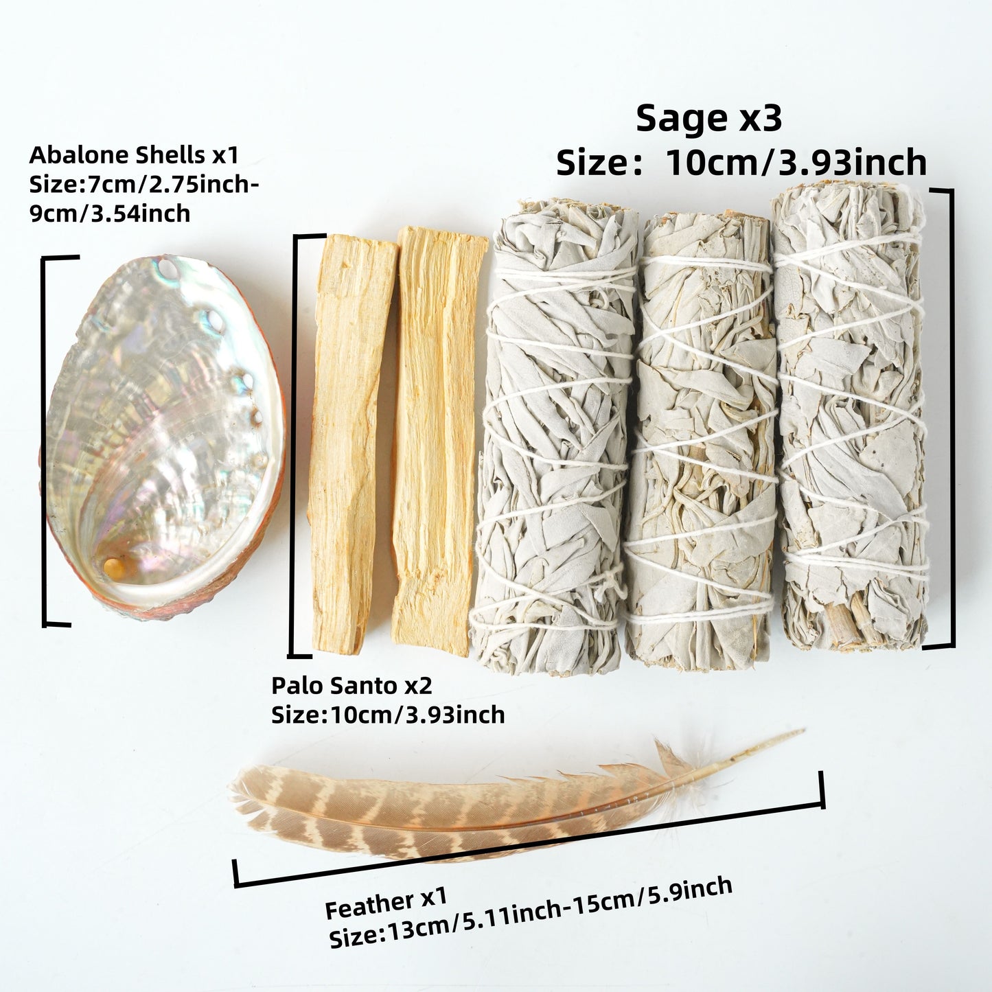 Sage Smudge Stick Set for Cleansing and Purification - Includes 3 White Sage Bundles, 2 Palo Santo Sticks, Abalone Shell, and Feather for Meditation, Aromatherapy, and Home Blessing