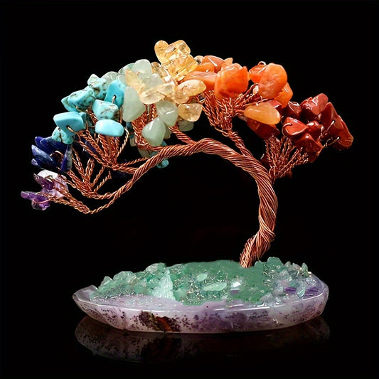 Healing Crystals Feng Shui Tree with Natural Gemstones - Chakra Energy Balancing Money Bonsai Tree with Agate Base for Wealth and Prosperity - Multicolored Stones for Positive Energy