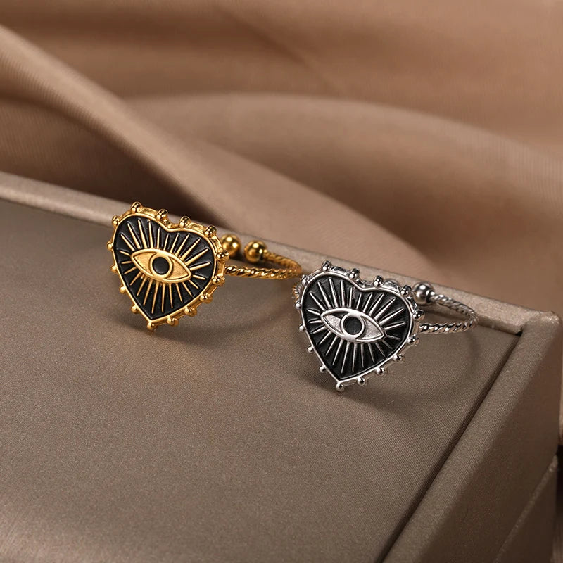 Turkish Evil Eye Rings for Women Stainless Steel Gold Color Adjustable Ring Love Heart Aesthetic Jewelry Gift anillos mujer