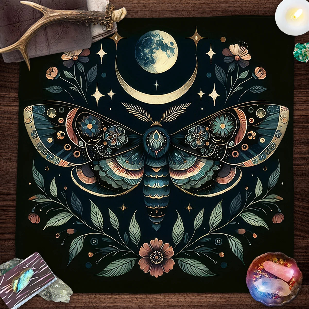 Pink Butterfly Moon Phase Floral Tarot Card Tablecloth  Altar Cloth Witchcraft Astrology Oracle Divination Cloth Home Decor