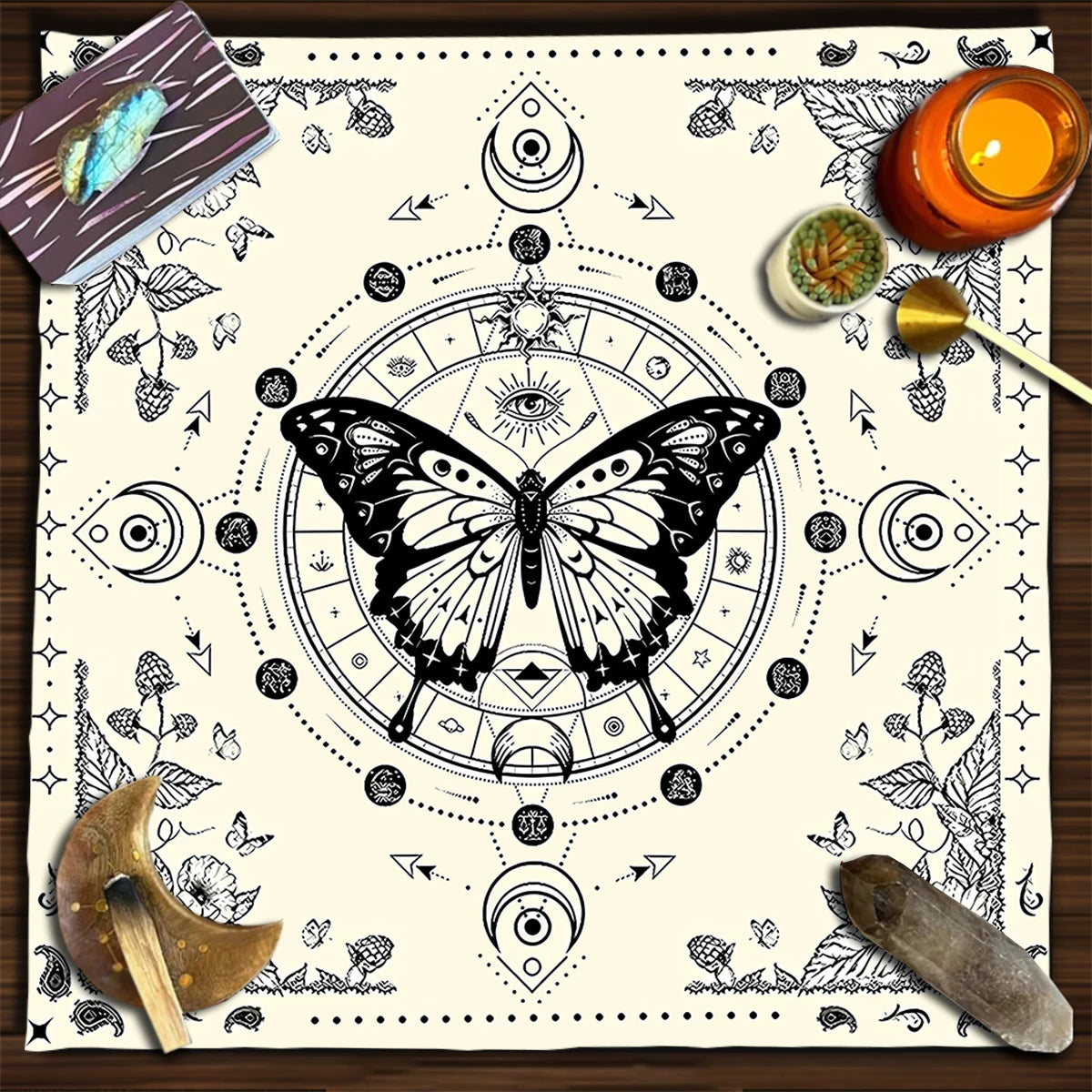 Pink Butterfly Moon Phase Floral Tarot Card Tablecloth  Altar Cloth Witchcraft Astrology Oracle Divination Cloth Home Decor
