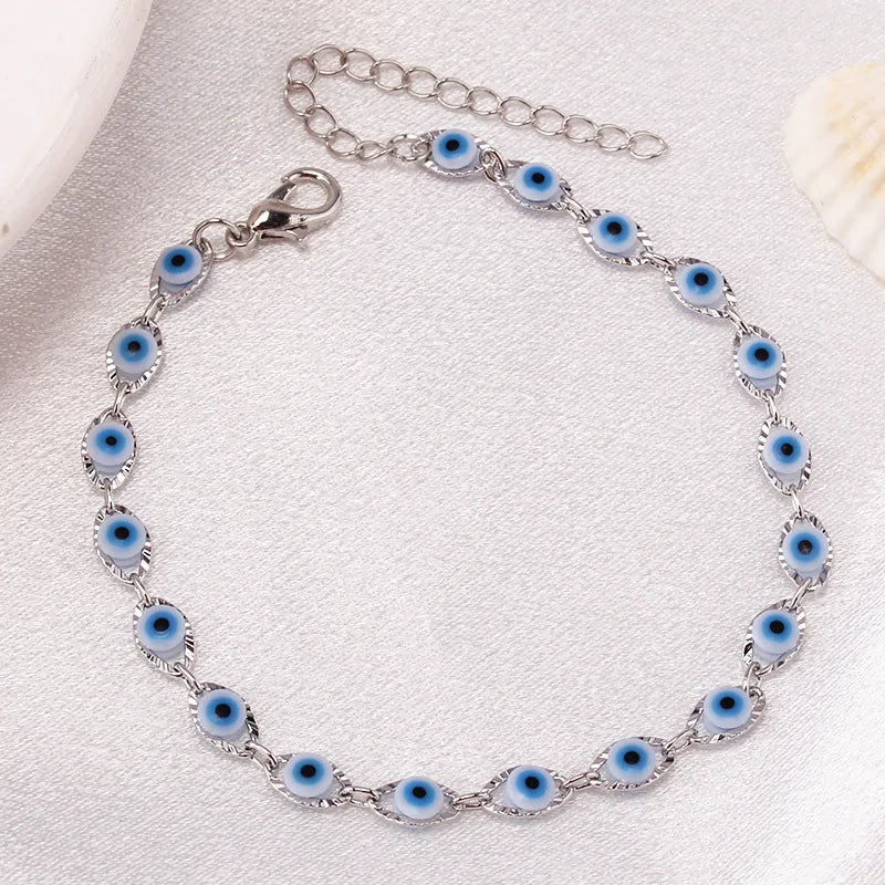Bohemian Oval Evil Blue Eye Charm Bracelet Gold Silver Color Brass Chain Bracelets for Women Men Prayer Jewelry