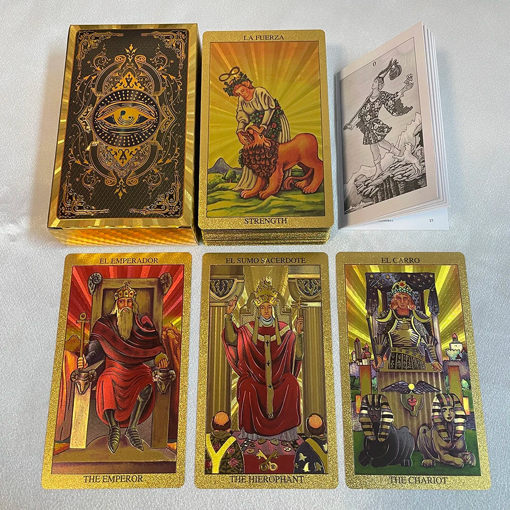 Spanish and English Golden Foil Tarot Cards 12x7cm Divination Prophecy Deck for Beginners with 2-Languages Guidebook Taro