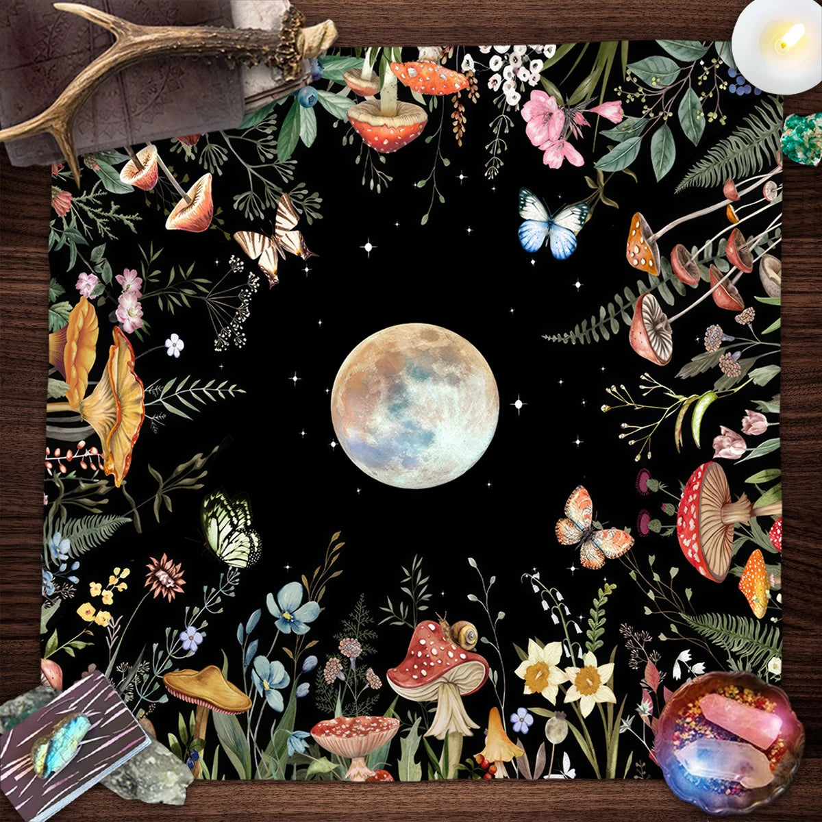 Pink Butterfly Moon Phase Floral Tarot Card Tablecloth  Altar Cloth Witchcraft Astrology Oracle Divination Cloth Home Decor