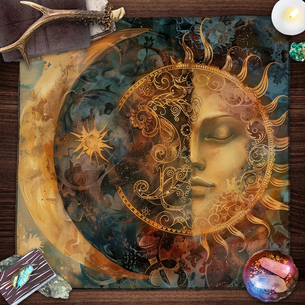 Sun & Moon Mandala Tarot Tablecloth Vibrant Starry Sky Altar Decor For Divination Ritual Cloth Floral Tarot Card Mat Tapestry