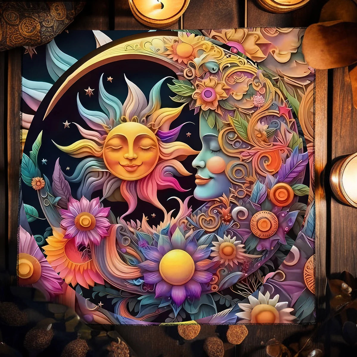 Sun & Moon Mandala Tarot Tablecloth Vibrant Starry Sky Altar Decor For Divination Ritual Cloth Floral Tarot Card Mat Tapestry