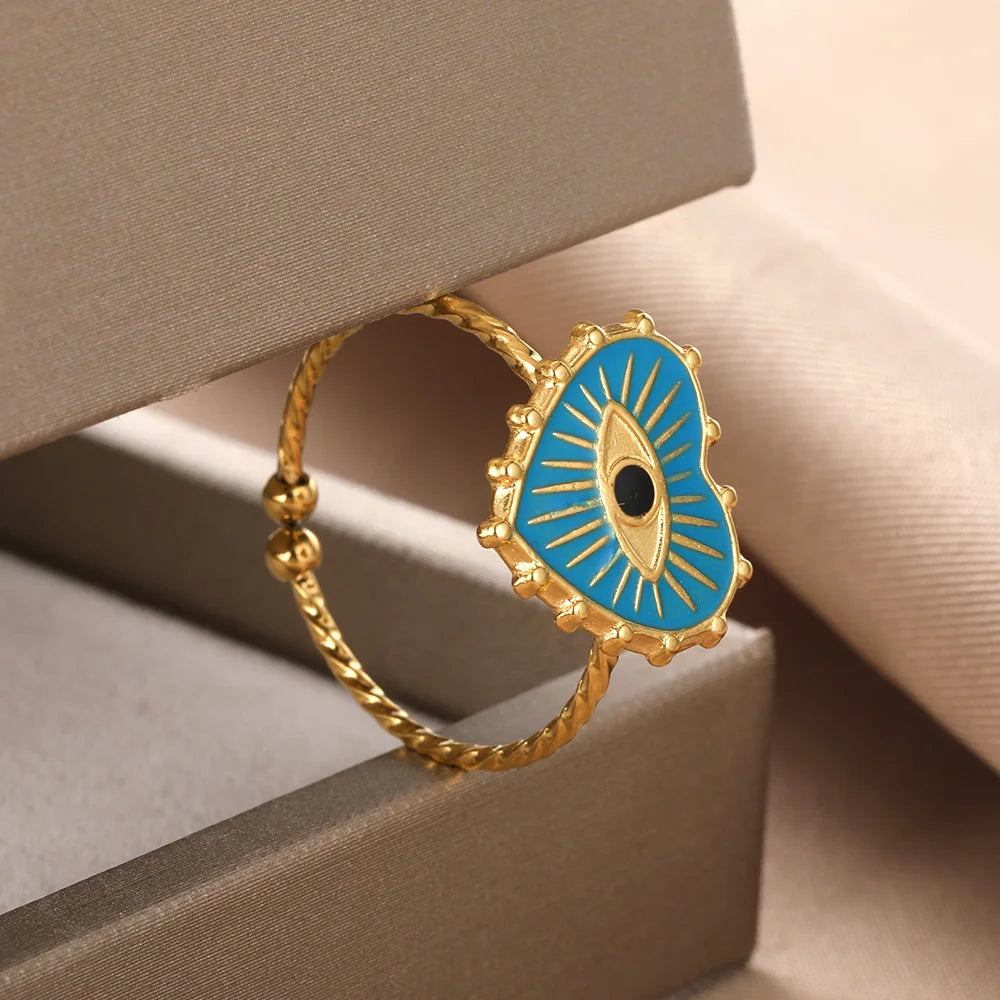 Turkish Evil Eye Rings for Women Stainless Steel Gold Color Adjustable Ring Love Heart Aesthetic Jewelry Gift anillos mujer