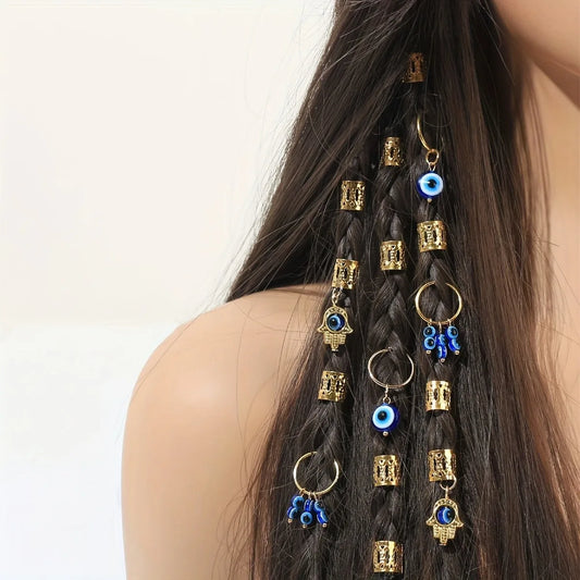 16pcs Evil Eye Design Alloy Hair Braids Ring - Dreadlock Hair Accessories Loc Hair Jewelry for Braids for Women and Girls