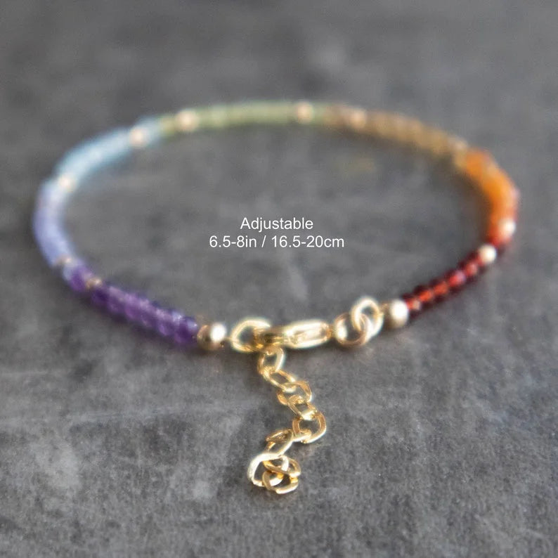7 Chakra Bracelet in Sterling Silver&Rose Gold, Homemade Authentic Small Chakra Crystals Bracelet, Yoga Gift for Her, Real Stone