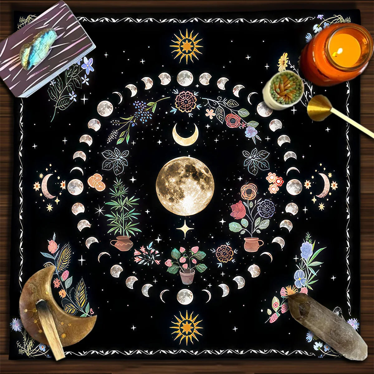 Pink Butterfly Moon Phase Floral Tarot Card Tablecloth  Altar Cloth Witchcraft Astrology Oracle Divination Cloth Home Decor