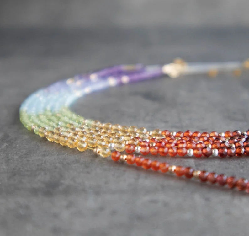 7 Chakra Bracelet in Sterling Silver&Rose Gold, Homemade Authentic Small Chakra Crystals Bracelet, Yoga Gift for Her, Real Stone