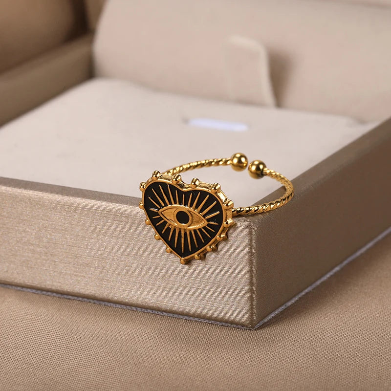 Turkish Evil Eye Rings for Women Stainless Steel Gold Color Adjustable Ring Love Heart Aesthetic Jewelry Gift anillos mujer