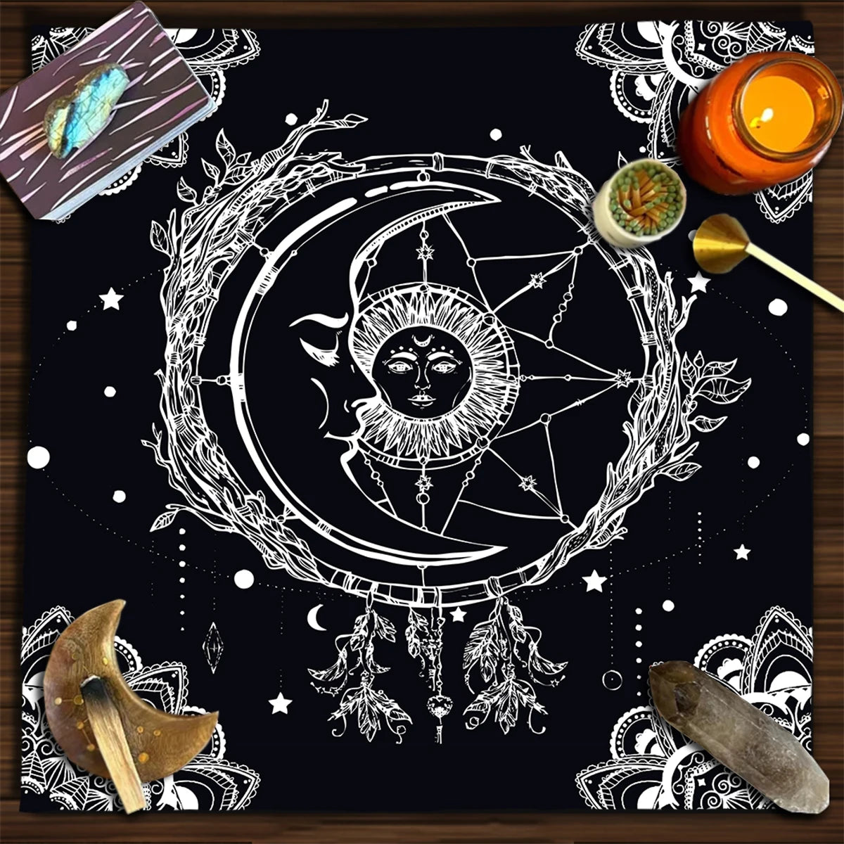 Sun & Moon Mandala Tarot Tablecloth Vibrant Starry Sky Altar Decor For Divination Ritual Cloth Floral Tarot Card Mat Tapestry