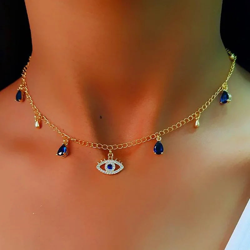 Zircon Evil Eye Necklace for Women Gold Color Choker Chain Turkish Blue Eyes Pendant Necklace Lucky Jewelry Gift collier femme