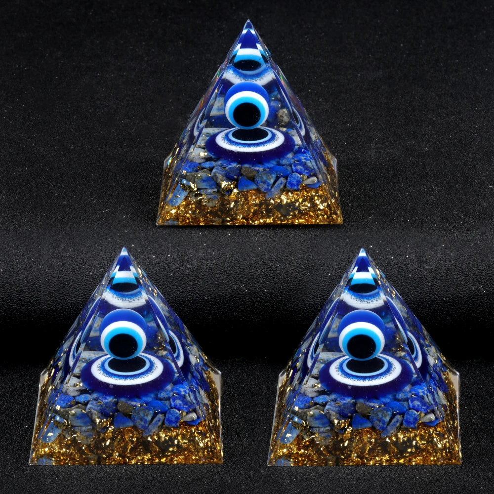 Crystal Devil's Eye Pyramid Natural Crushed Stone Lapis Lazuli Dropping Resin Home and Office Desktop Decoration Crafts 6x6cm