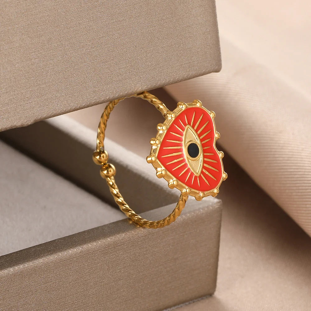 Turkish Evil Eye Rings for Women Stainless Steel Gold Color Adjustable Ring Love Heart Aesthetic Jewelry Gift anillos mujer