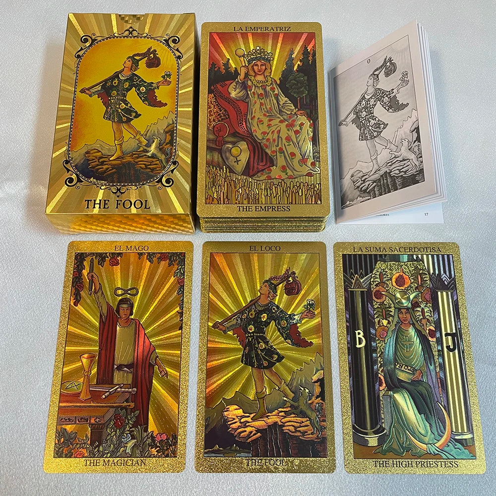 Spanish and English Golden Foil Tarot Cards 12x7cm Divination Prophecy Deck for Beginners with 2-Languages Guidebook Taro