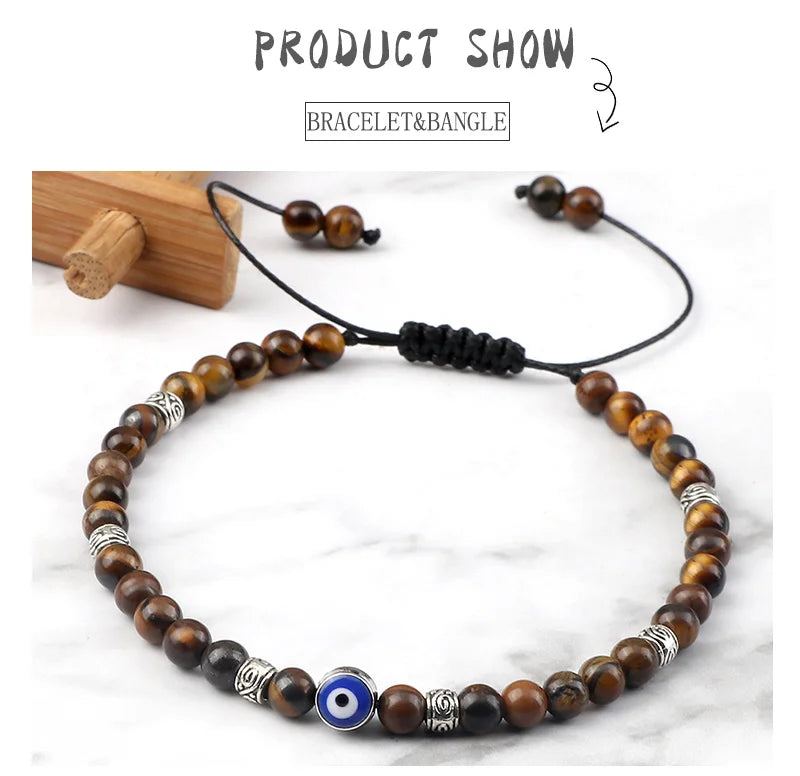 Evil Eye Bracelet 4mm Natural Black Matte Lava Stone Beads Handmade Braided Bracelet for Men Women Yoga Reiki Adjustable Jewelry