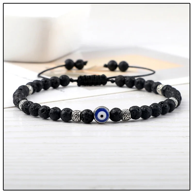 Evil Eye Bracelet 4mm Natural Black Matte Lava Stone Beads Handmade Braided Bracelet for Men Women Yoga Reiki Adjustable Jewelry