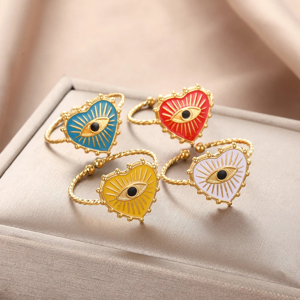 Turkish Evil Eye Rings for Women Stainless Steel Gold Color Adjustable Ring Love Heart Aesthetic Jewelry Gift anillos mujer