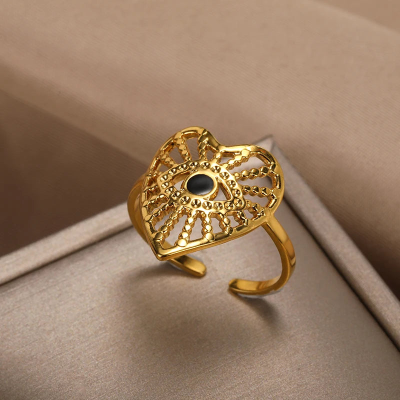 Turkish Evil Eye Rings for Women Stainless Steel Gold Color Adjustable Ring Love Heart Aesthetic Jewelry Gift anillos mujer