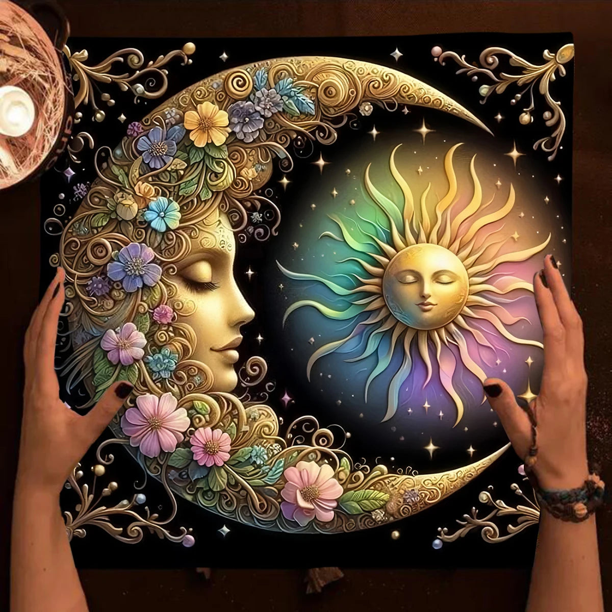 Sun & Moon Mandala Tarot Tablecloth Vibrant Starry Sky Altar Decor For Divination Ritual Cloth Floral Tarot Card Mat Tapestry