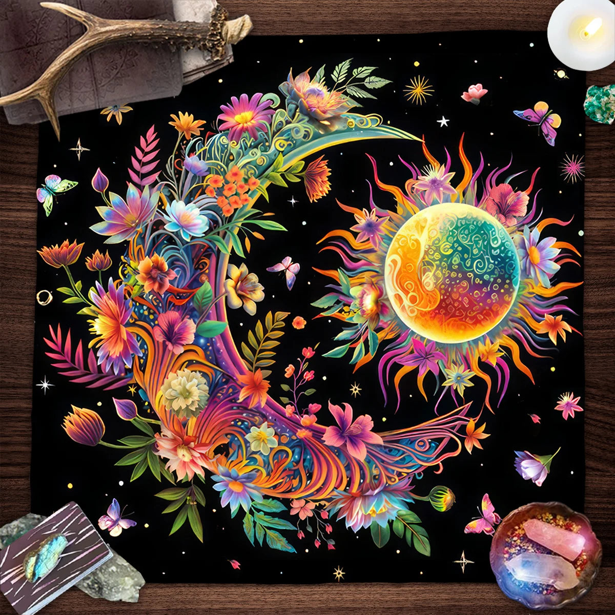 Sun & Moon Mandala Tarot Tablecloth Vibrant Starry Sky Altar Decor For Divination Ritual Cloth Floral Tarot Card Mat Tapestry