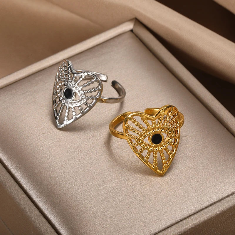 Turkish Evil Eye Rings for Women Stainless Steel Gold Color Adjustable Ring Love Heart Aesthetic Jewelry Gift anillos mujer