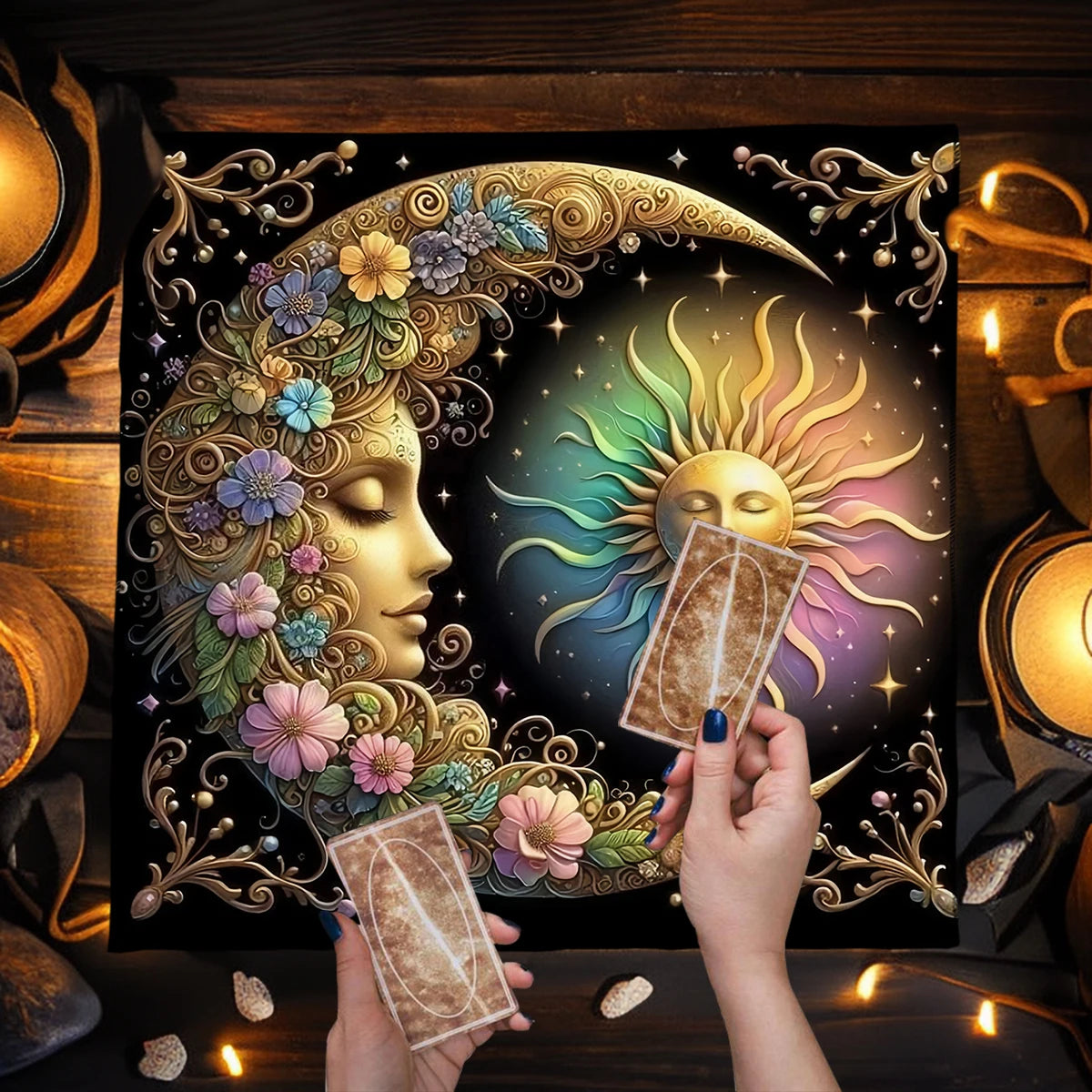 Sun & Moon Mandala Tarot Tablecloth Vibrant Starry Sky Altar Decor For Divination Ritual Cloth Floral Tarot Card Mat Tapestry