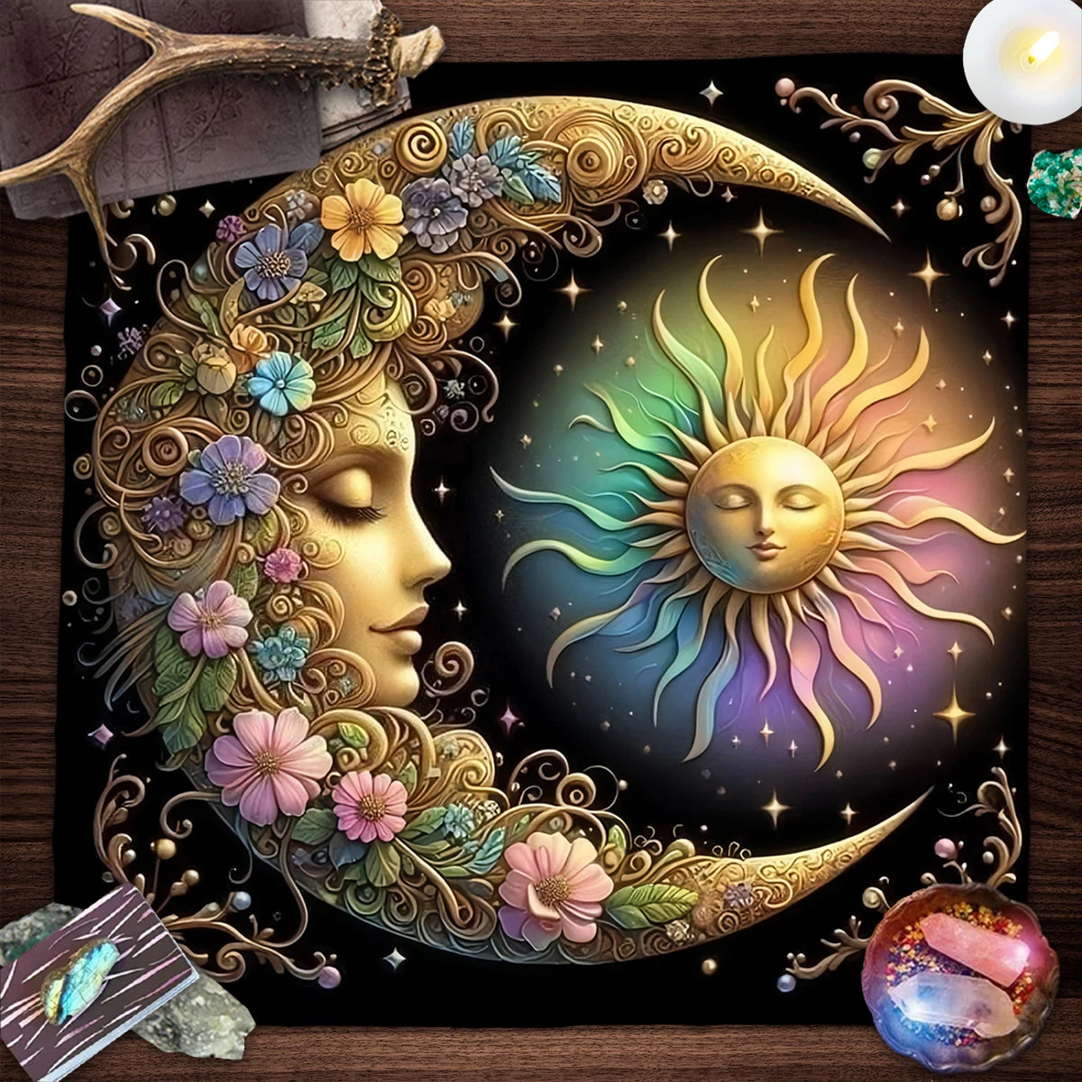 Sun & Moon Mandala Tarot Tablecloth Vibrant Starry Sky Altar Decor For Divination Ritual Cloth Floral Tarot Card Mat Tapestry