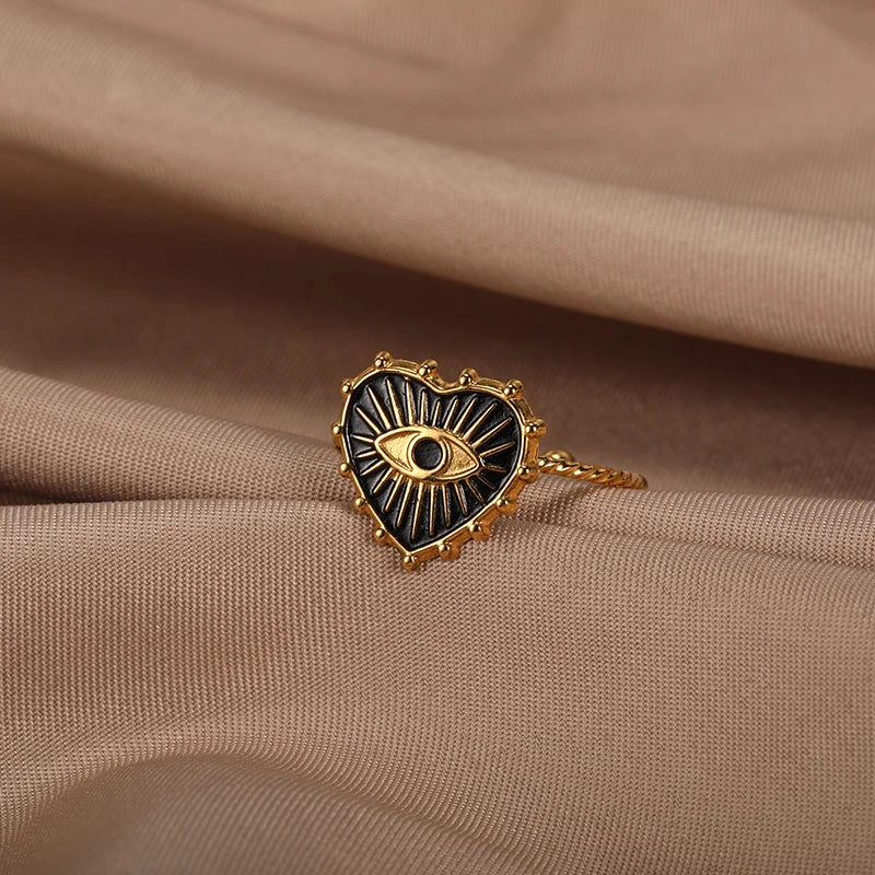 Turkish Evil Eye Rings for Women Stainless Steel Gold Color Adjustable Ring Love Heart Aesthetic Jewelry Gift anillos mujer