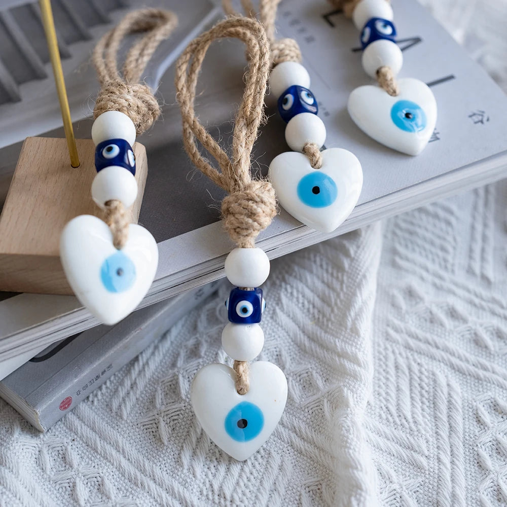Evil Eye Handmade Braided Rope Wall Hanging Glass Blue Turkish Evil Eye Pendant Car Keyring Fashion Jewelry for Home Living Room