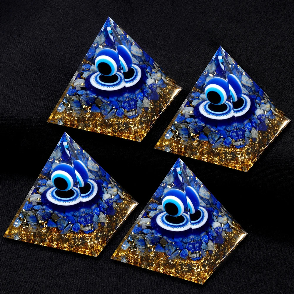 Crystal Devil's Eye Pyramid Natural Crushed Stone Lapis Lazuli Dropping Resin Home and Office Desktop Decoration Crafts 6x6cm