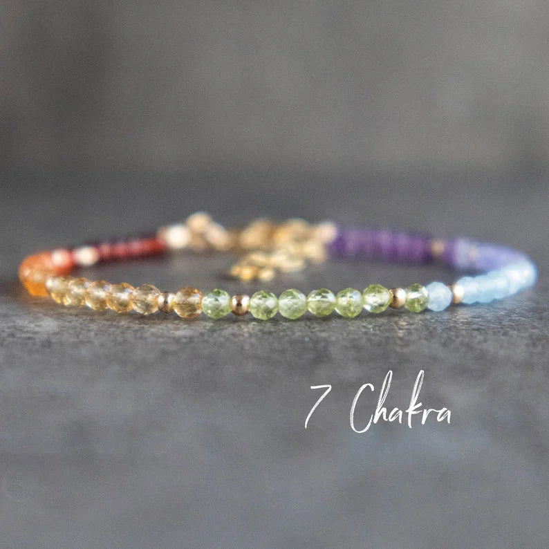7 Chakra Bracelet in Sterling Silver&Rose Gold, Homemade Authentic Small Chakra Crystals Bracelet, Yoga Gift for Her, Real Stone