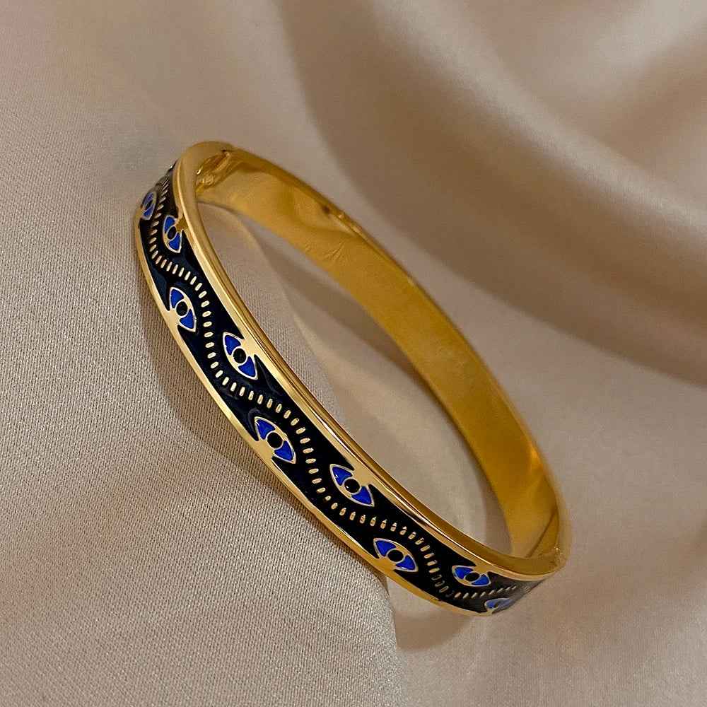 Greatera Turkish Evil Eye Pattern Stainless Steel Cuff Bracelet Bangle for Women Black Enamel Gold Color Metal Bracelets Jewelry