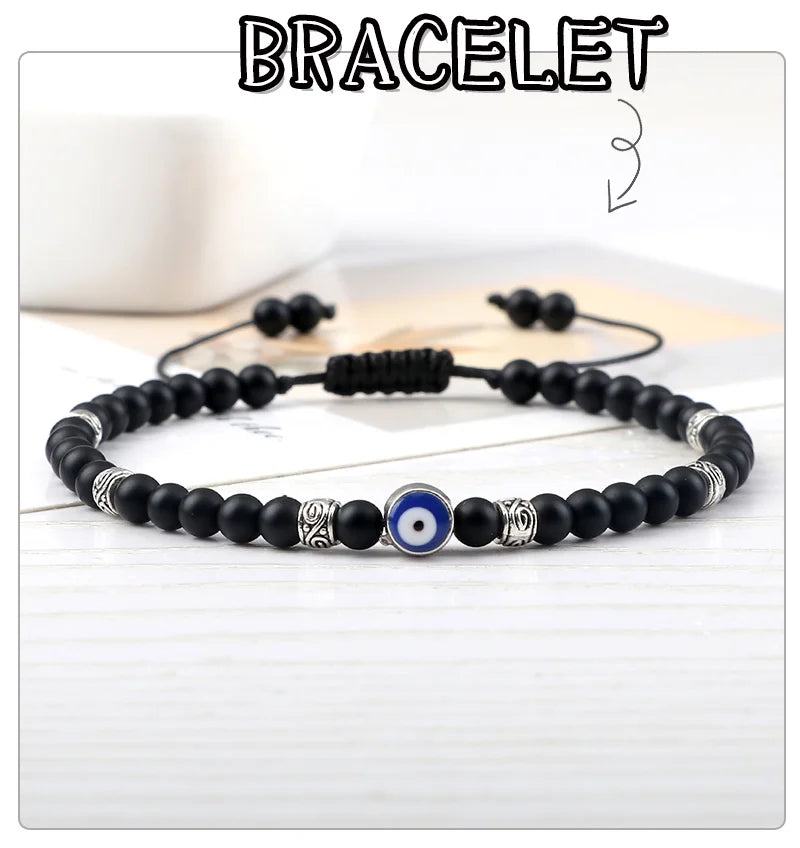 Evil Eye Bracelet 4mm Natural Black Matte Lava Stone Beads Handmade Braided Bracelet for Men Women Yoga Reiki Adjustable Jewelry