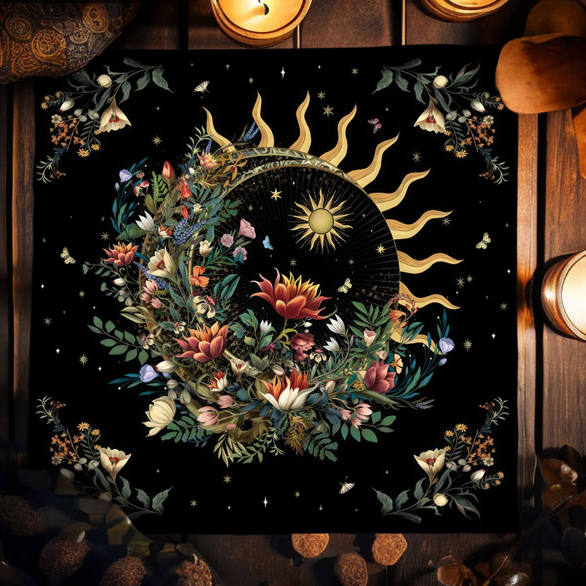 Pink Butterfly Moon Phase Floral Tarot Card Tablecloth  Altar Cloth Witchcraft Astrology Oracle Divination Cloth Home Decor