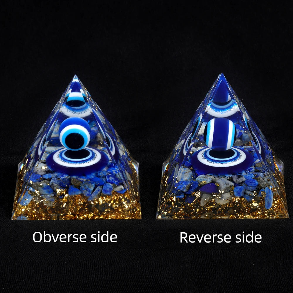 Crystal Devil's Eye Pyramid Natural Crushed Stone Lapis Lazuli Dropping Resin Home and Office Desktop Decoration Crafts 6x6cm