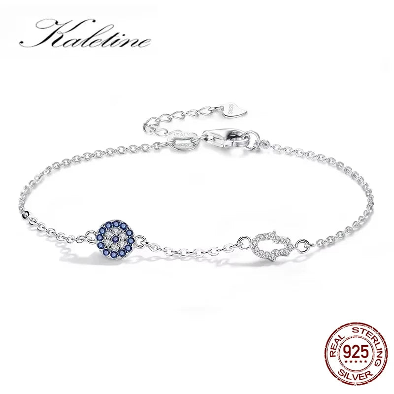 KALETINE Lucky Evil Eye Bracelets for Women 925 Sterling Silver Bracelet Blue Eye Hamsa Hand Fatima Hand Turkey Jewelry